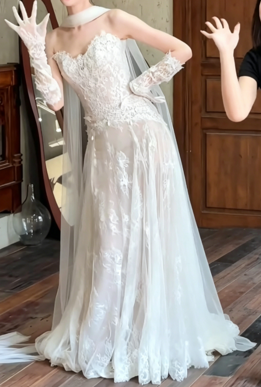 Glam Strapless Lace Wedding Dress With Scarf Tulle A-Line Bridal Dress GG6514