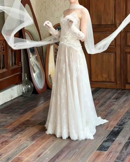 Glam Strapless Lace Wedding Dress With Scarf Tulle A-Line Bridal Dress GG6514