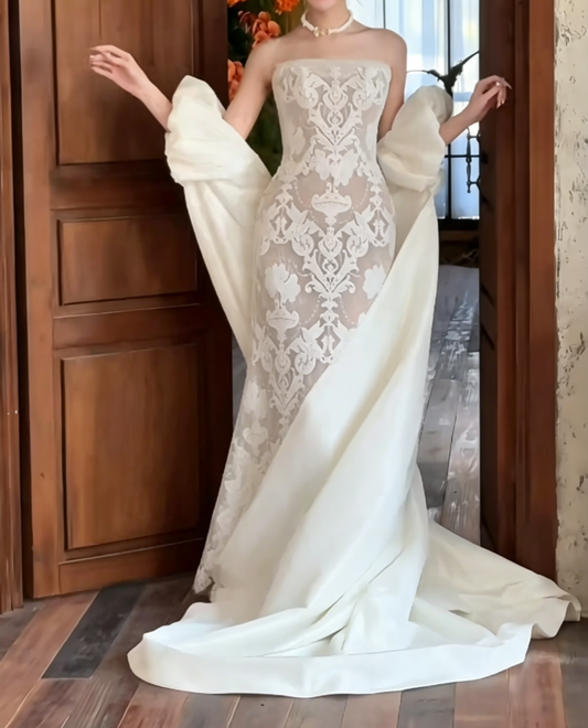 Graceful Strapless Lace Wedding Dress With Train Mermiad Bridal Dress GG6515