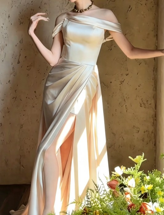 Simple Off-Shoulder Ivory Prom Dress Satin High Slit Mermaid Evening Dress GG6516