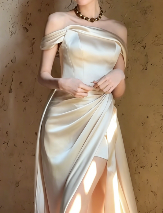 Simple Off-Shoulder Ivory Prom Dress Satin High Slit Mermaid Evening Dress GG6516