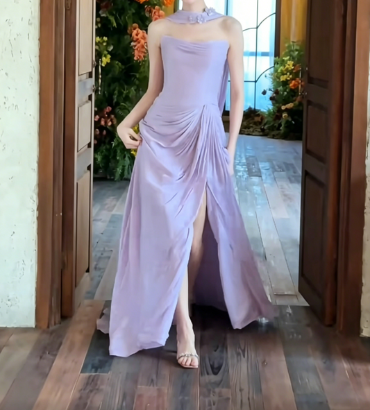 Flowy Strapless Purple Prom Dress With Scarf High Slit A-Line Evening Dress GG6517