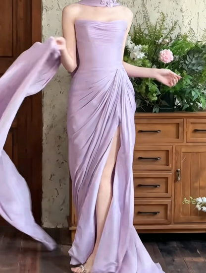 Flowy Strapless Purple Prom Dress With Scarf High Slit A-Line Evening Dress GG6517