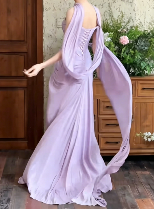 Flowy Strapless Purple Prom Dress With Scarf High Slit A-Line Evening Dress GG6517