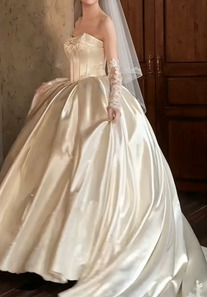 Classical Strapless Bows Wedding Dress Satin A-Line Bridal Dress GG6518