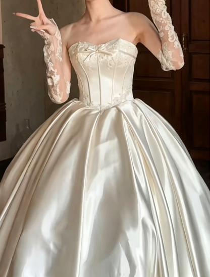 Classical Strapless Bows Wedding Dress Satin A-Line Bridal Dress GG6518