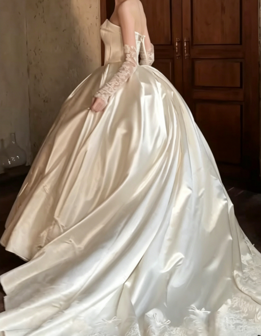 Classical Strapless Bows Wedding Dress Satin A-Line Bridal Dress GG6518