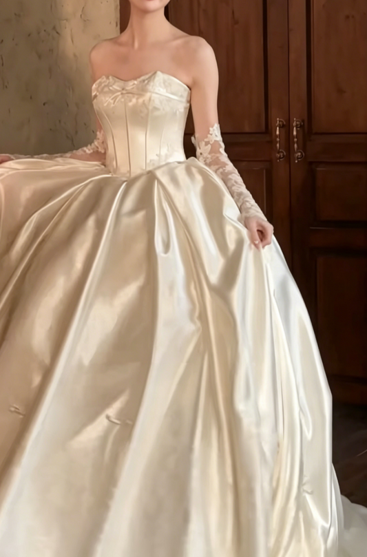 Classical Strapless Bows Wedding Dress Satin A-Line Bridal Dress GG6518