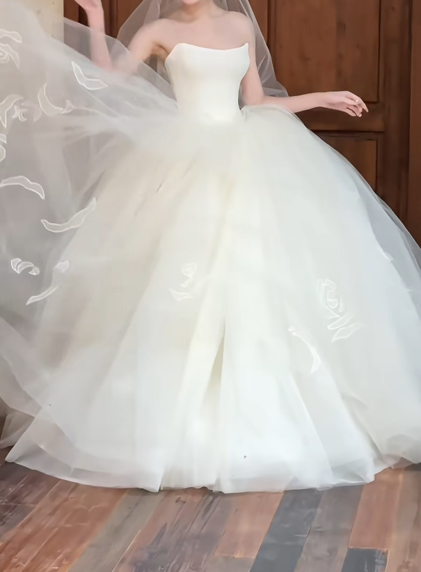 Romantic Strapless Tulle Wedding Dress Appliques A-Line Bridal Dress GG6519