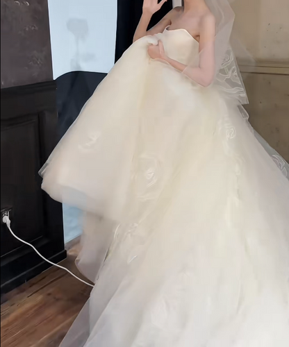 Romantic Strapless Tulle Wedding Dress Appliques A-Line Bridal Dress GG6519