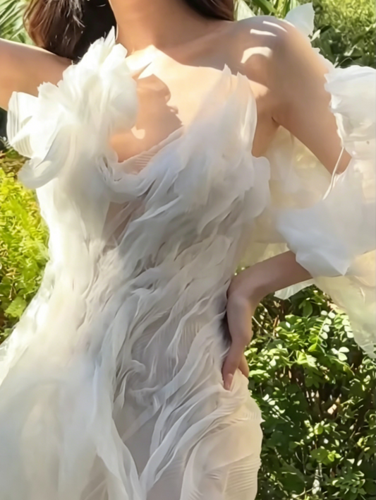 Romantic One Shoulder Ivory Prom Dress Ruffles Mermaid Evening Dress GG6521