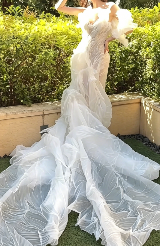 Romantic One Shoulder Ivory Prom Dress Ruffles Mermaid Evening Dress GG6521