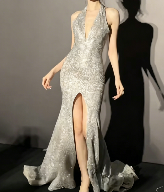 Trendy Halter Neck Silver Prom Dress Sequins Slit Mermaid Evening Dress GG6522