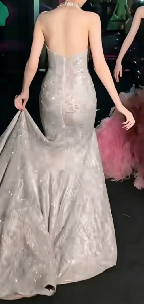 Trendy Halter Neck Silver Prom Dress Sequins Slit Mermaid Evening Dress GG6522