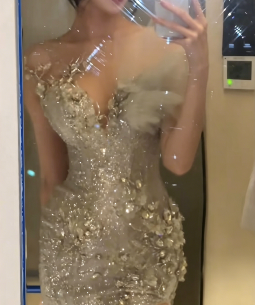 Glittering Strapless Blue Prom Dress Slit Tiered Tulle Beaded Mermaid Evening Dress GG6523