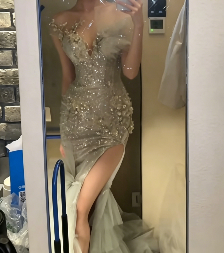 Glittering Strapless Blue Prom Dress Slit Tiered Tulle Beaded Mermaid Evening Dress GG6523