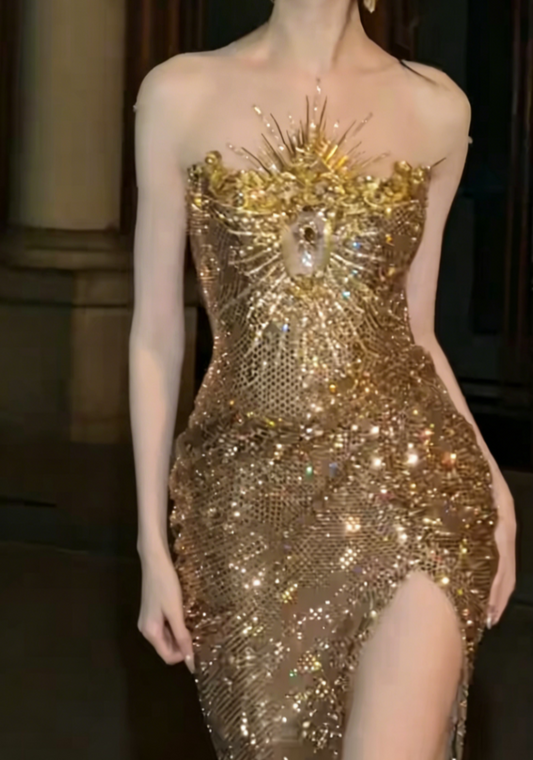 Fascinating Strapless Slit Gold Prom Dress Sequins Beaded Mermaid Evening Dress GG6524