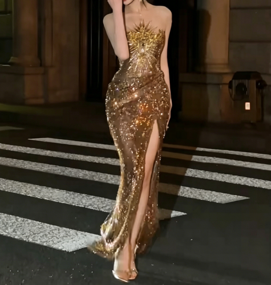 Fascinating Strapless Slit Gold Prom Dress Sequins Beaded Mermaid Evening Dress GG6524
