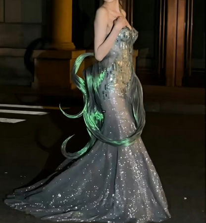 Dreamy Strapless Green Prom Dress Sequins Mermaid Evening Dress GG6525