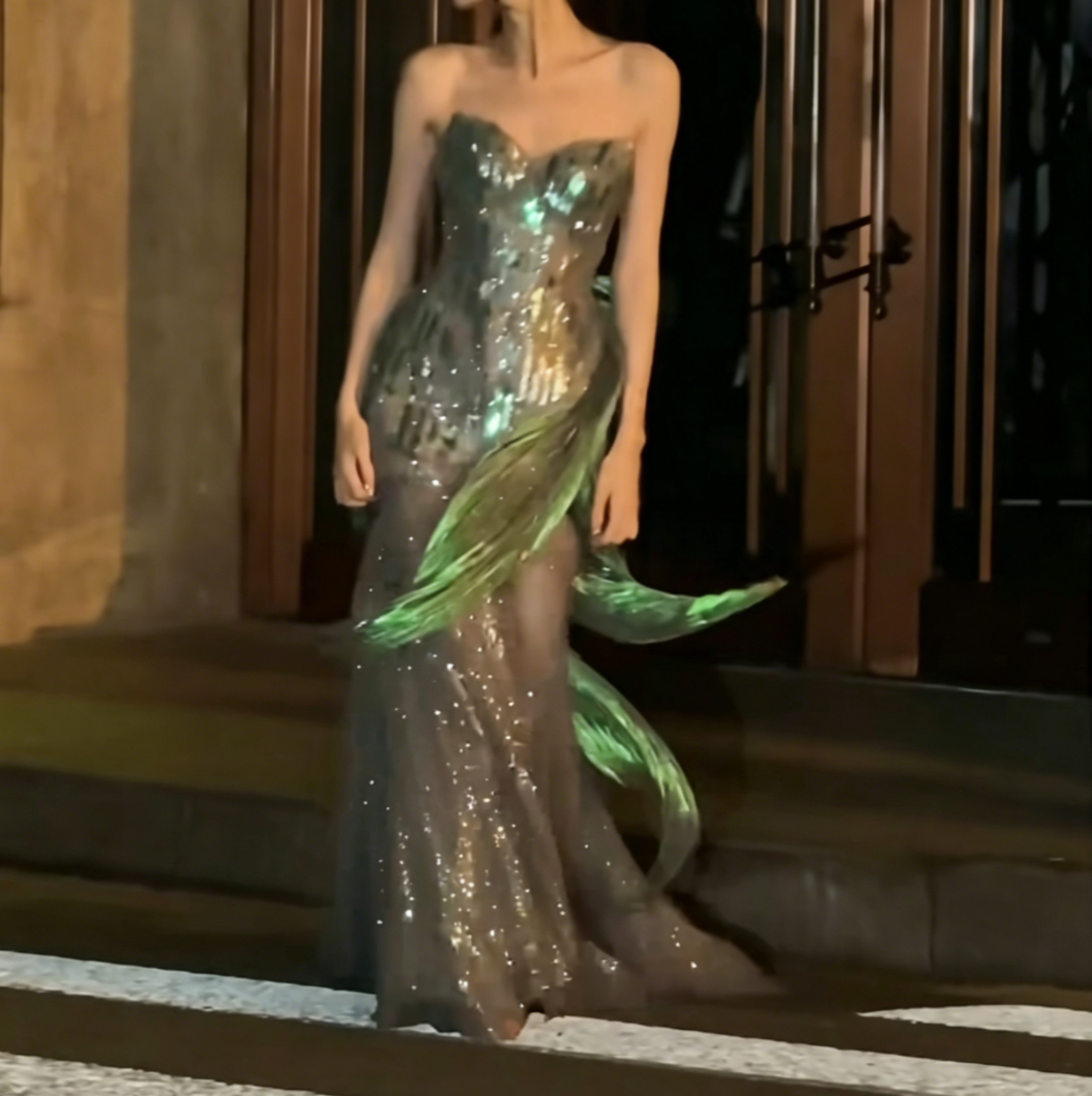 Dreamy Strapless Green Prom Dress Sequins Mermaid Evening Dress GG6525