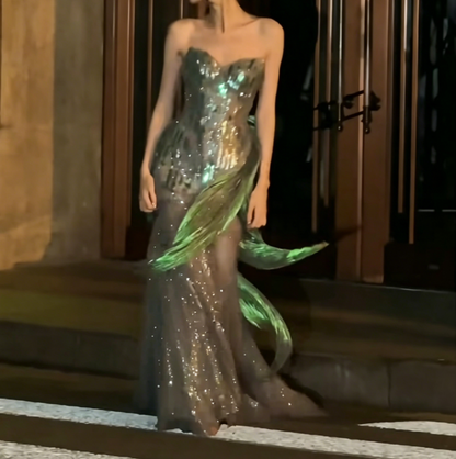 Dreamy Strapless Green Prom Dress Sequins Mermaid Evening Dress GG6525