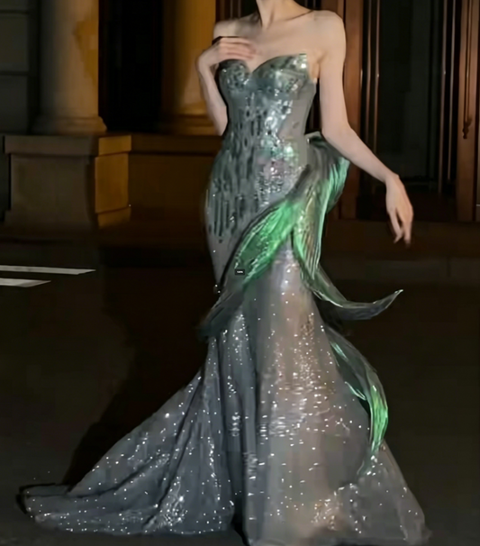 Dreamy Strapless Green Prom Dress Sequins Mermaid Evening Dress GG6525