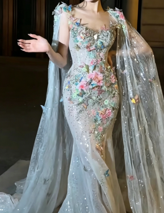 Charming Spaghetti Straps Floral Prom Dress Sequins Appliques Mermaid Evening Dress GG6526