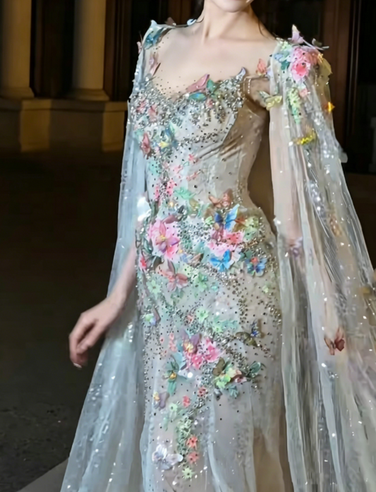Charming Spaghetti Straps Floral Prom Dress Sequins Appliques Mermaid Evening Dress GG6526