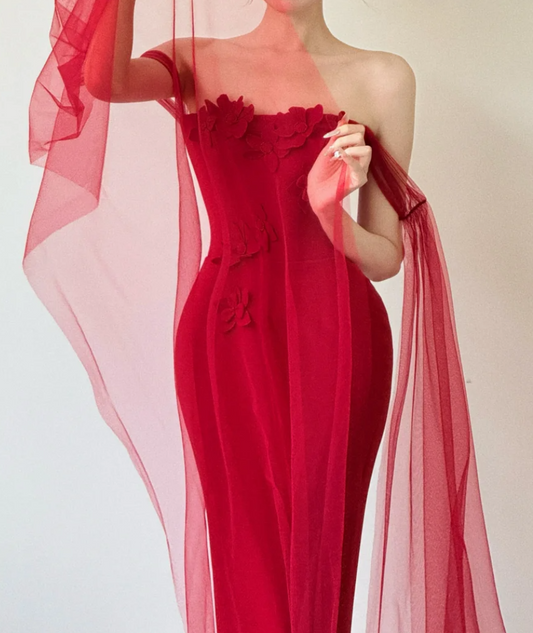 Elegant Off-Shoulder Red Prom Dress Appliques Mermaid Evening Dress GG6527