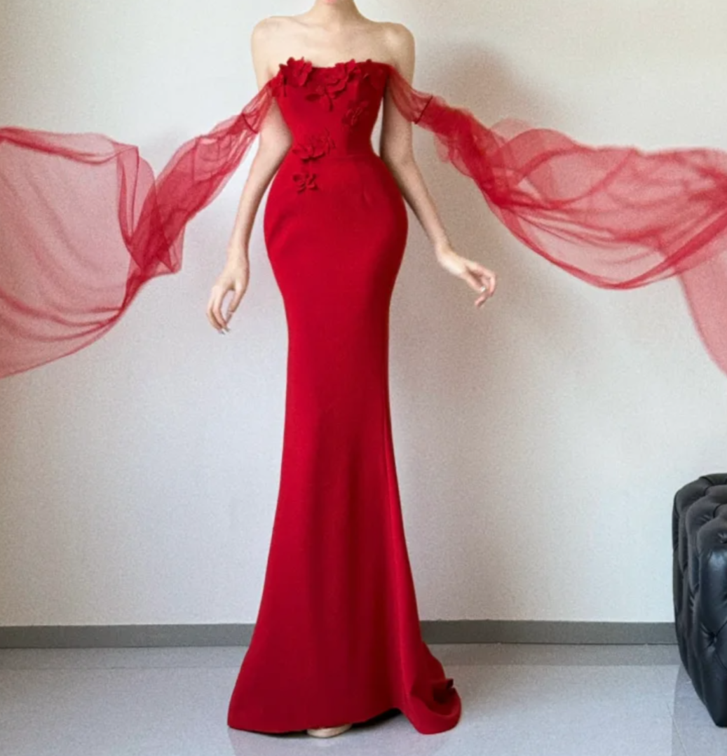 Elegant Off-Shoulder Red Prom Dress Appliques Mermaid Evening Dress GG6527