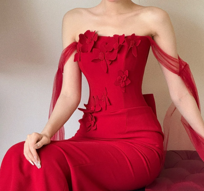 Elegant Off-Shoulder Red Prom Dress Appliques Mermaid Evening Dress GG6527
