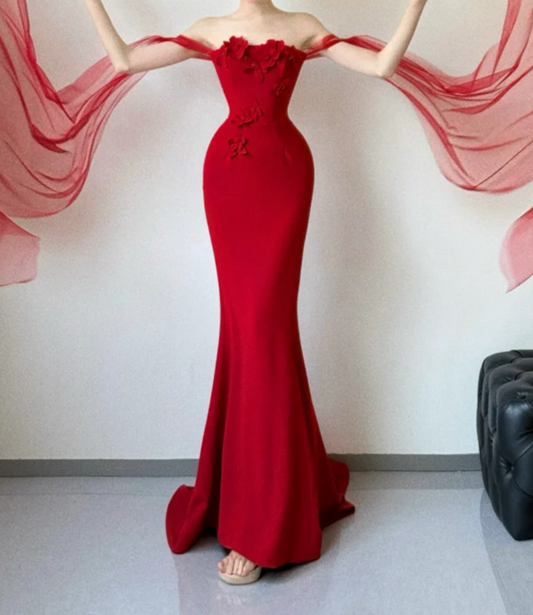Elegant Off-Shoulder Red Prom Dress Appliques Mermaid Evening Dress GG6527