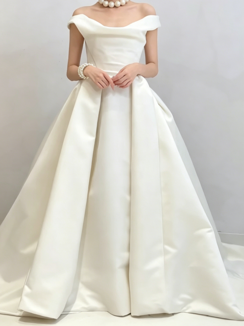 Classy Off-Shoulder Wedding Dress Satin A-Line Bridal Dress GG6529