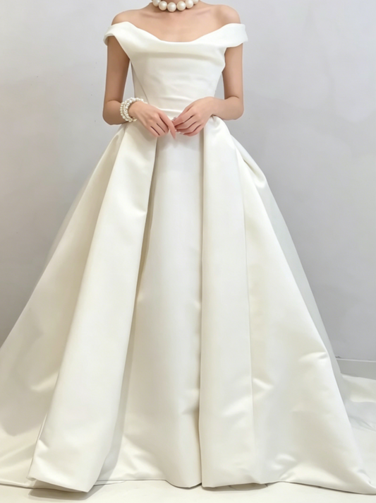 Classy Off-Shoulder Wedding Dress Satin A-Line Bridal Dress GG6529