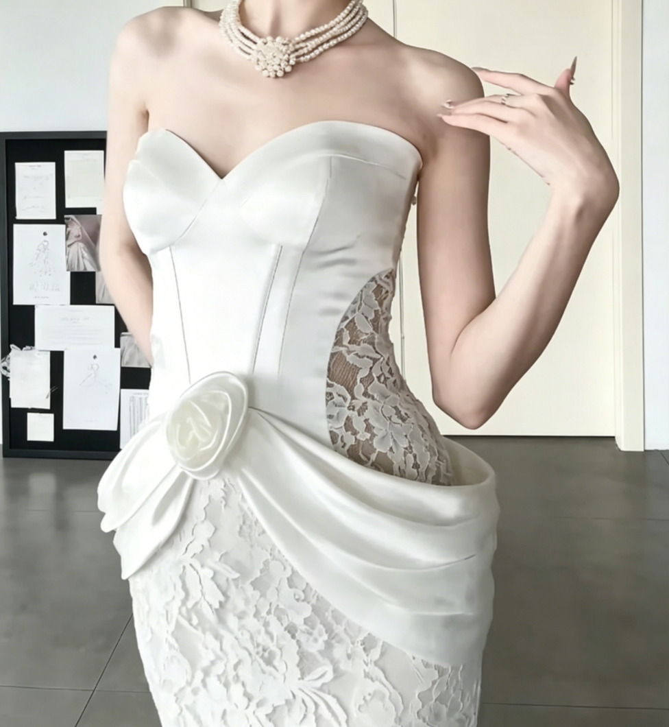 Unique Strapless Lace Wedding Dress Satin Mermiad Bridal Dress GG6531