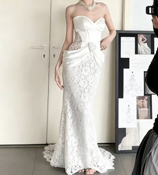 Unique Strapless Lace Wedding Dress Satin Mermiad Bridal Dress GG6531