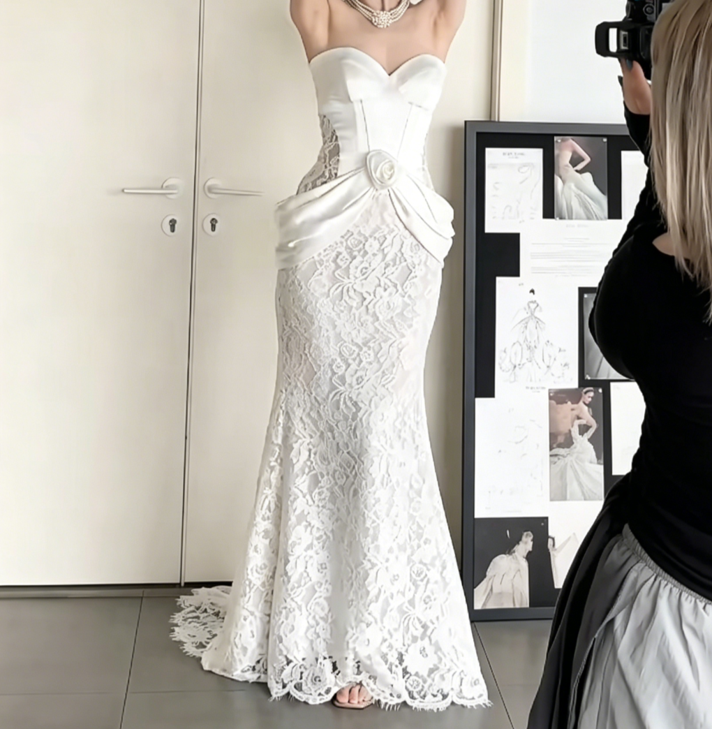 Unique Strapless Lace Wedding Dress Satin Mermiad Bridal Dress GG6531