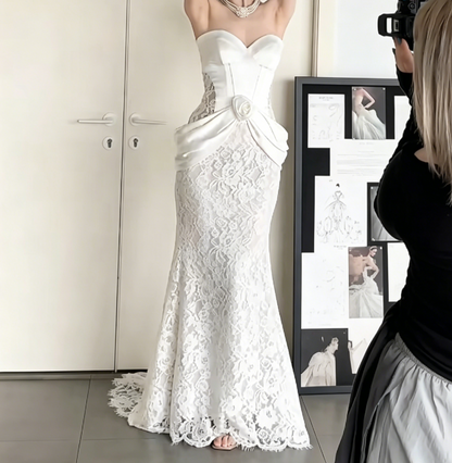 Unique Strapless Lace Wedding Dress Satin Mermiad Bridal Dress GG6531