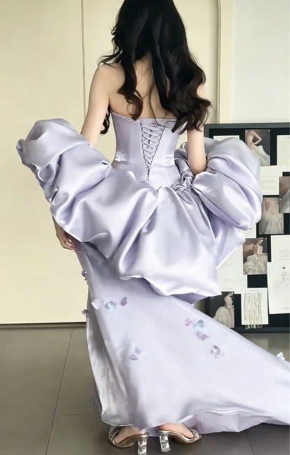 Dreamy Strapless Purple Prom Dress With Shawl Appliques Satin A-Line Evening Dress GG6532