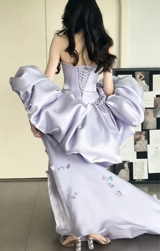 Dreamy Strapless Purple Prom Dress With Shawl Appliques Satin A-Line Evening Dress GG6532