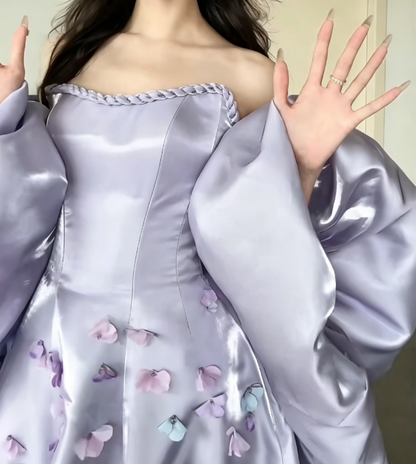 Dreamy Strapless Purple Prom Dress With Shawl Appliques Satin A-Line Evening Dress GG6532