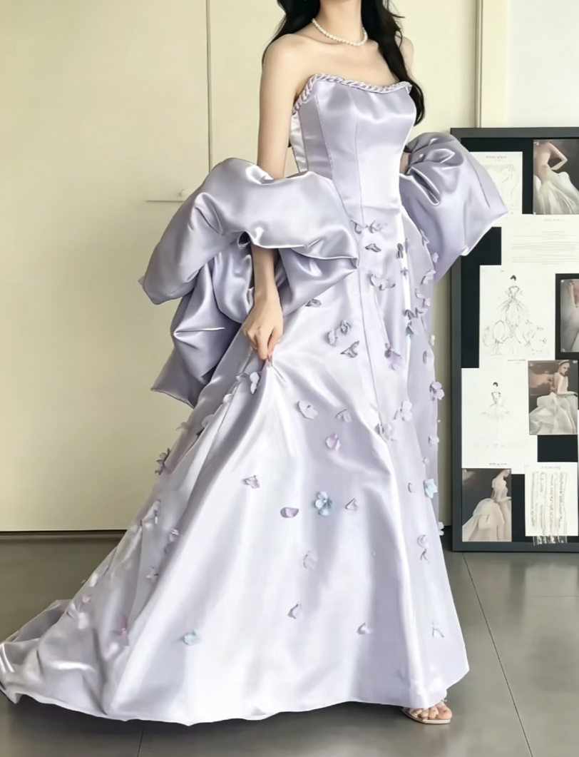 Dreamy Strapless Purple Prom Dress With Shawl Appliques Satin A-Line Evening Dress GG6532