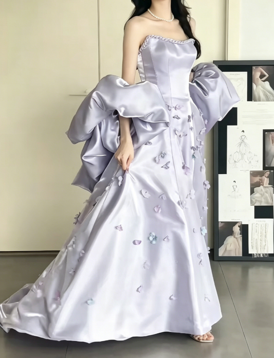 Dreamy Strapless Purple Prom Dress With Shawl Appliques Satin A-Line Evening Dress GG6532