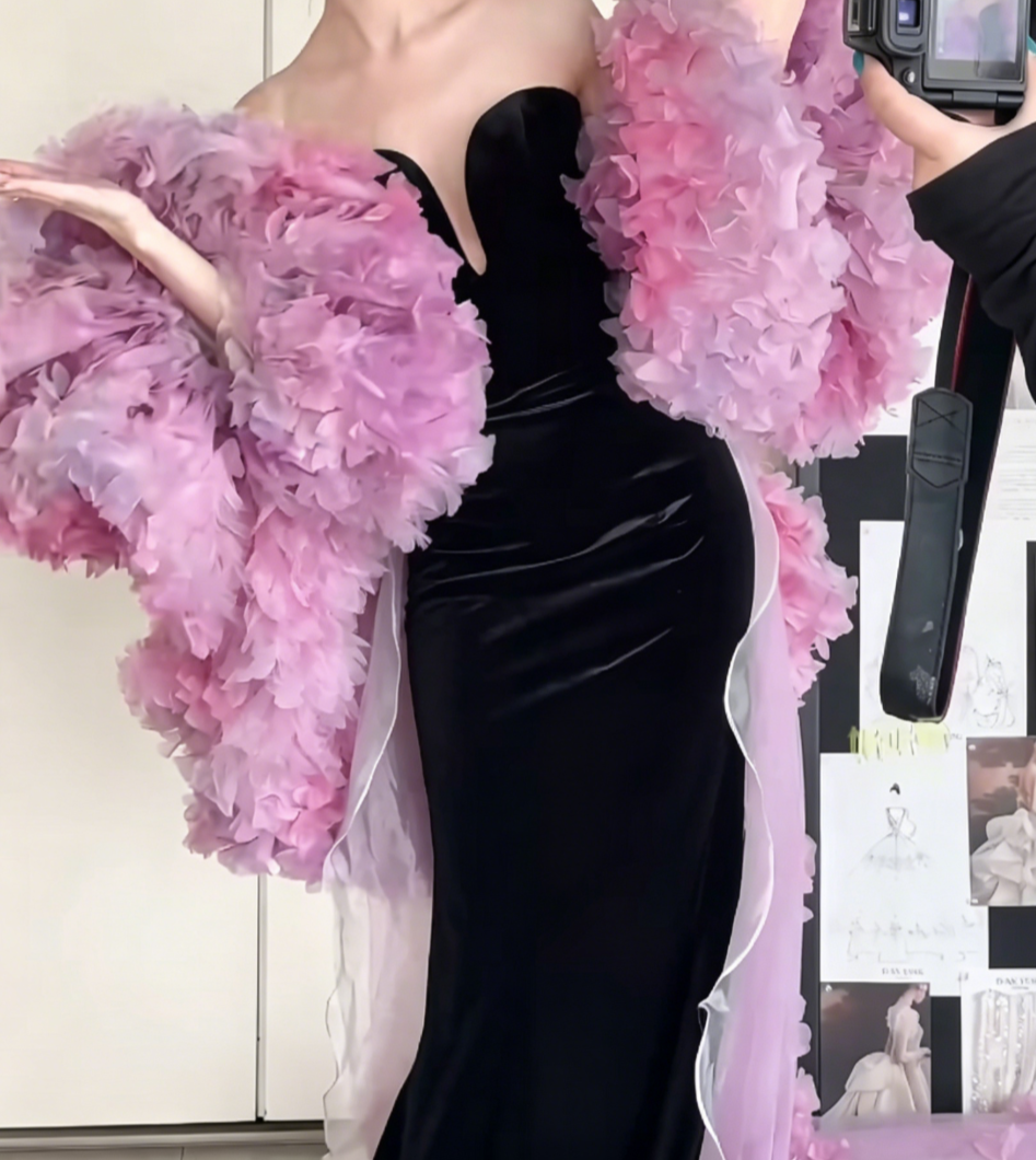 Ornate Strapless Black Prom Dress With Shawl Velvet Mermaid Evening Dress GG6533