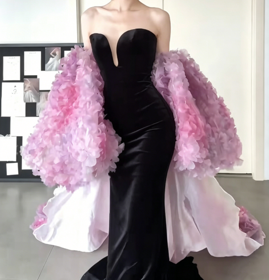 Ornate Strapless Black Prom Dress With Shawl Velvet Mermaid Evening Dress GG6533