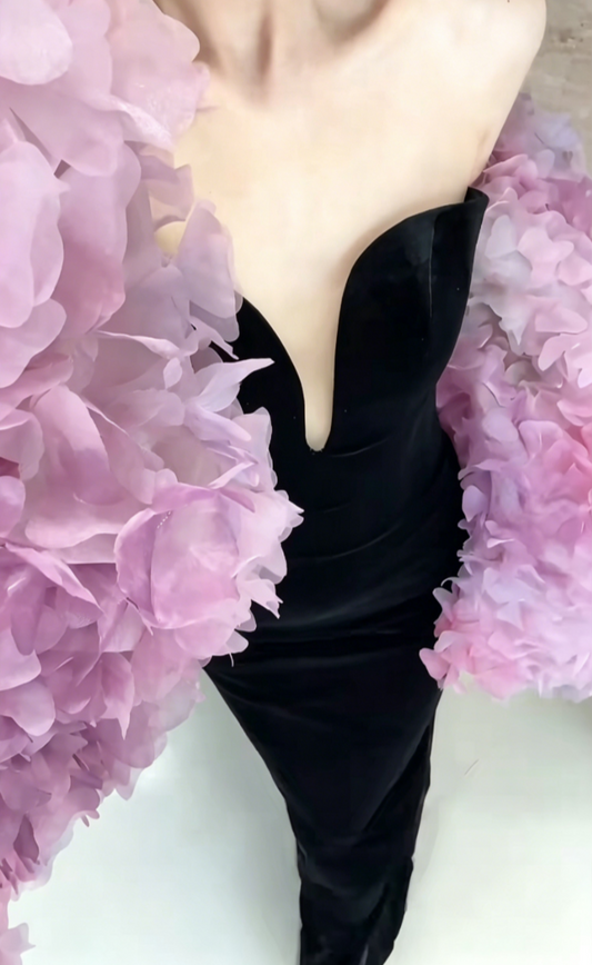 Ornate Strapless Black Prom Dress With Shawl Velvet Mermaid Evening Dress GG6533