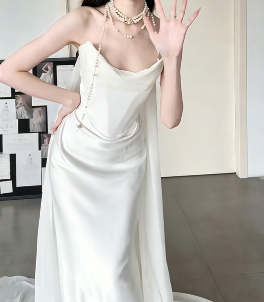 Chic Strapless Ruched Wedding Dress Satin Sheath Bridal Dress GG6534