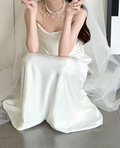Chic Strapless Ruched Wedding Dress Satin Sheath Bridal Dress GG6534