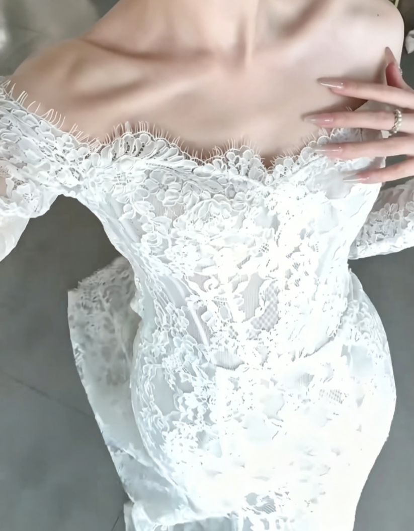 Ethereal Off-Shoulder Lace Wedding Dress Long Sleeve Mermiad Bridal Dress GG6535