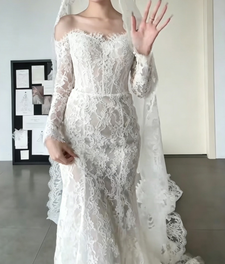 Ethereal Off-Shoulder Lace Wedding Dress Long Sleeve Mermiad Bridal Dress GG6535